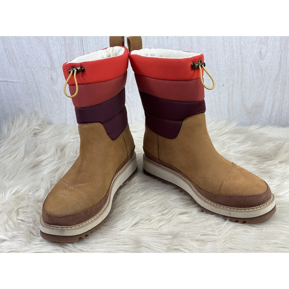 TOMS Makenna Winter Boots Womens 7.5 Tan Nubuck Quilted Faux Fur Water Resistant